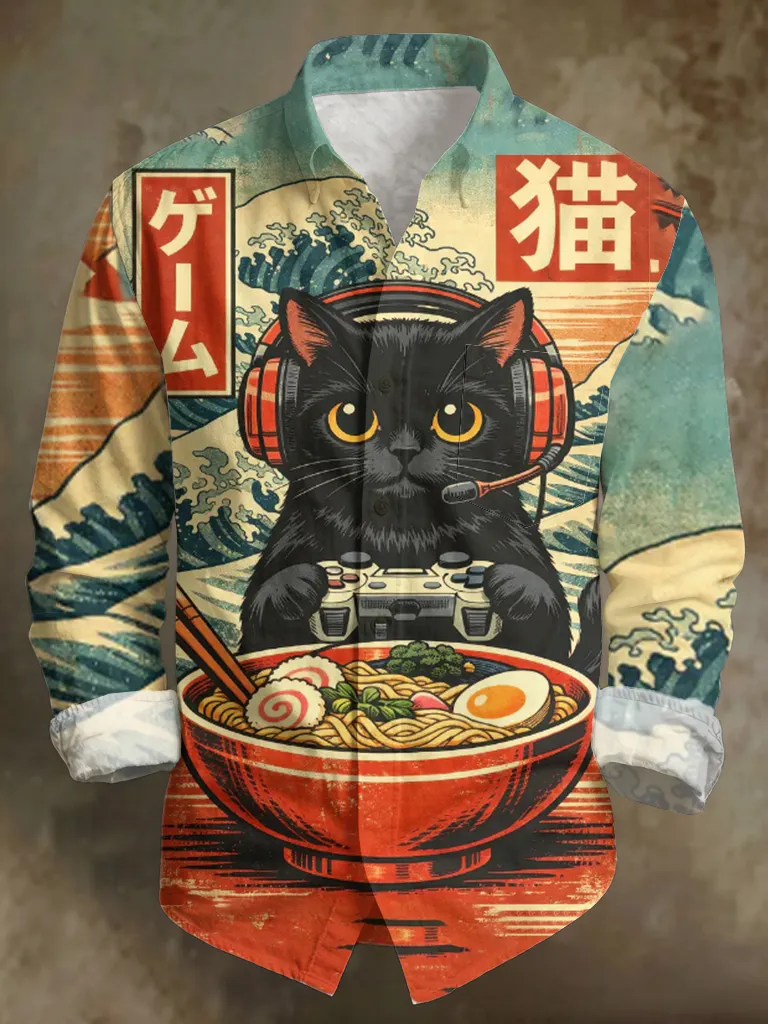 Men's Japanese Ukiyo-e Cat Gamer Print Long Sleeve Shirt