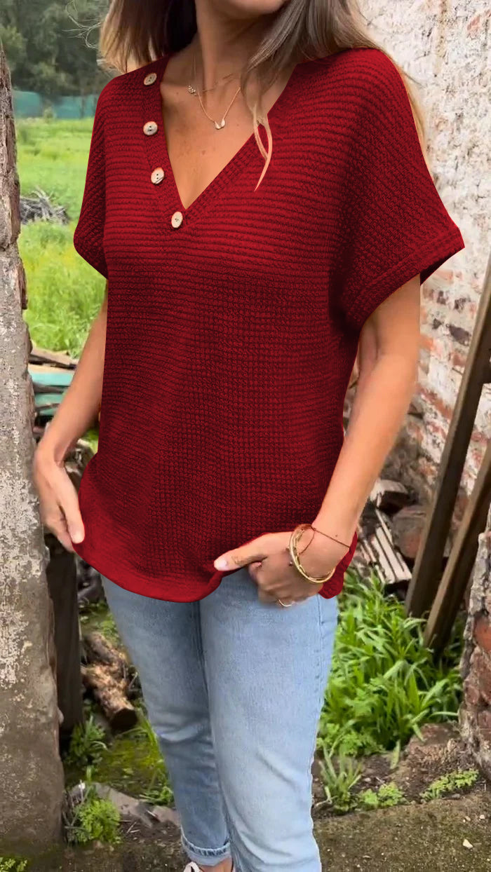 Knitted V-Neck Button Top