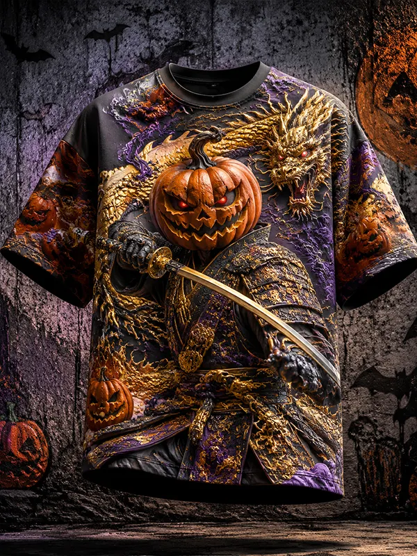 Men's Halloween Jack-o'-lantern Warrior Dragon Print Casual T-Shirt