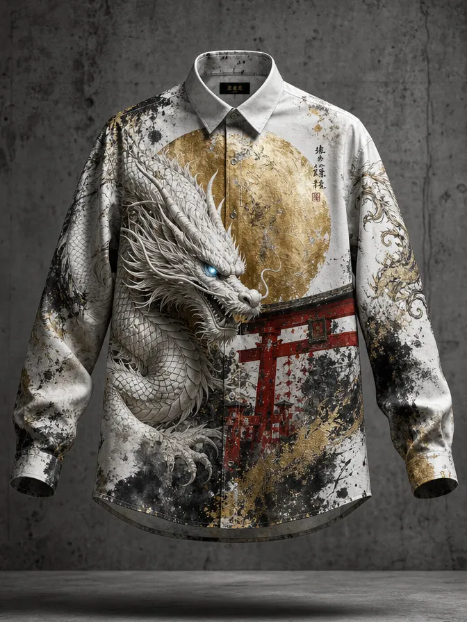 Men's Dragon Golden Moon Torii Gate Print Long Sleeve Shirt