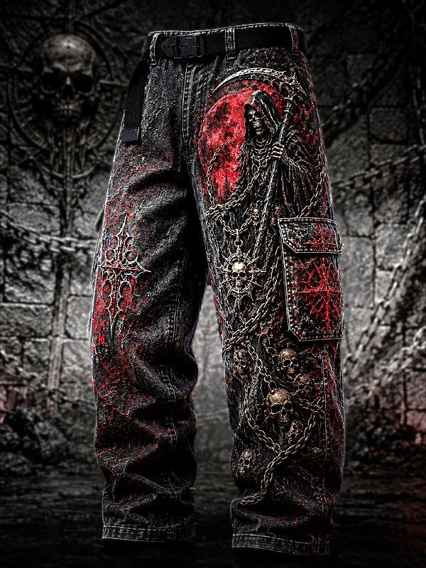 Men's Blood Moon Night Grim Reaper And Skulls Print Casual Cargo Pants