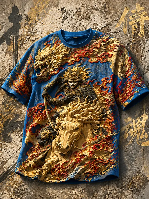 Men's 3D Texture Samurai Dragon Horse Japanese Print T-Shirt