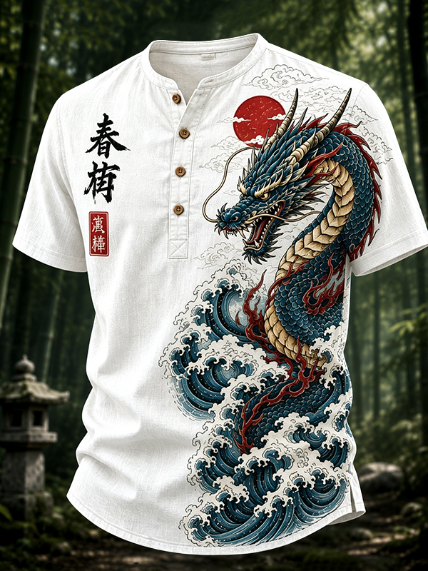 Men's Dragons and Waves Japanese Art Print Half Button Shirt