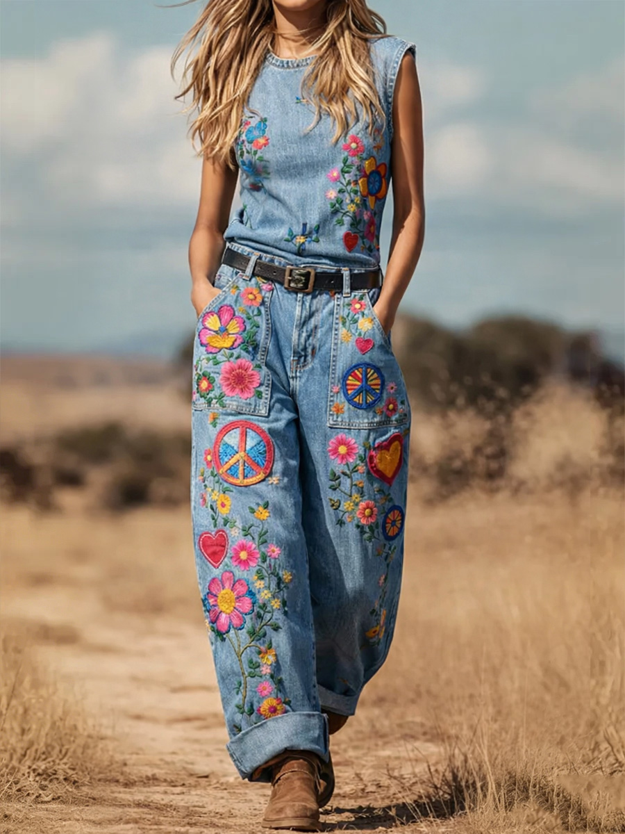 Women's Retro Floral Color-Blocked Art Print Round Neck Denim Patchwork Jumpsuit