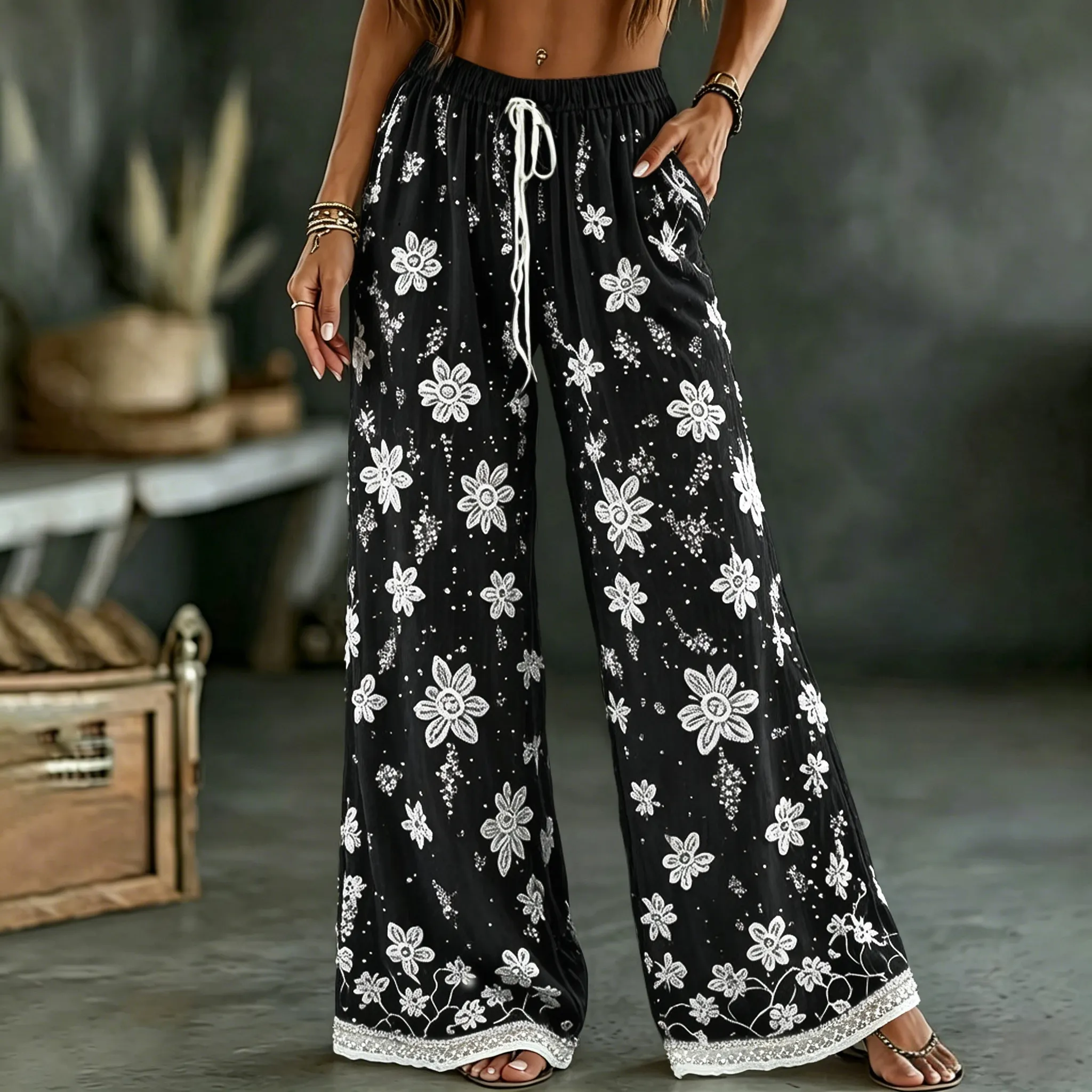 Women's White Rose Art Embroidered Linen Blend Pants