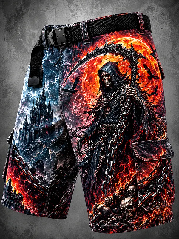 Men's Gothic Horror Grim Reaper And Fire Doomsday Art Print Casual Shorts