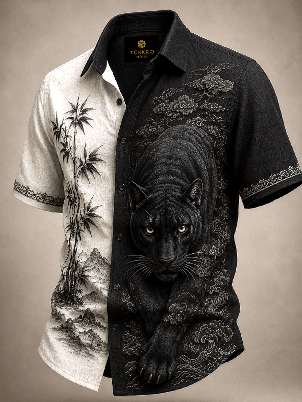 Men's Black Panther And Landscape Japanese Art Print Casual Shirt