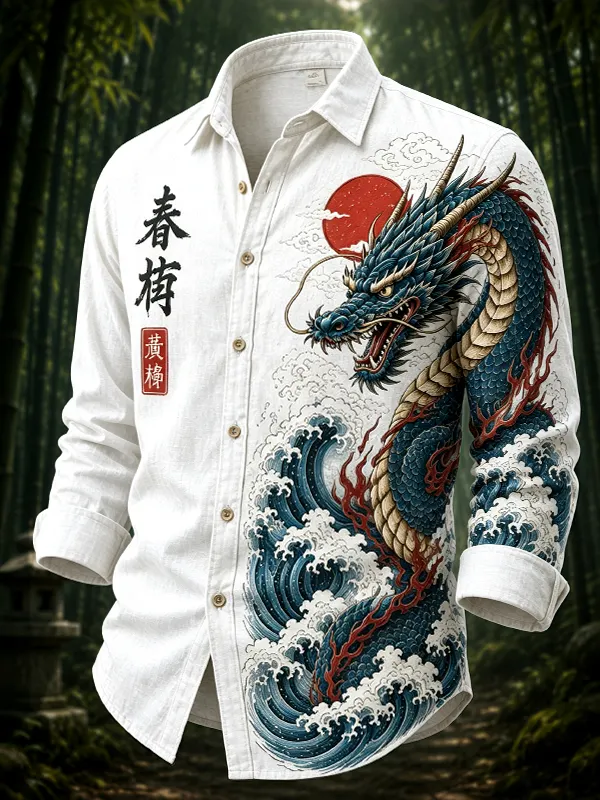 Men's Dragons and Waves Japanese Art Print Long Sleeve Shirt