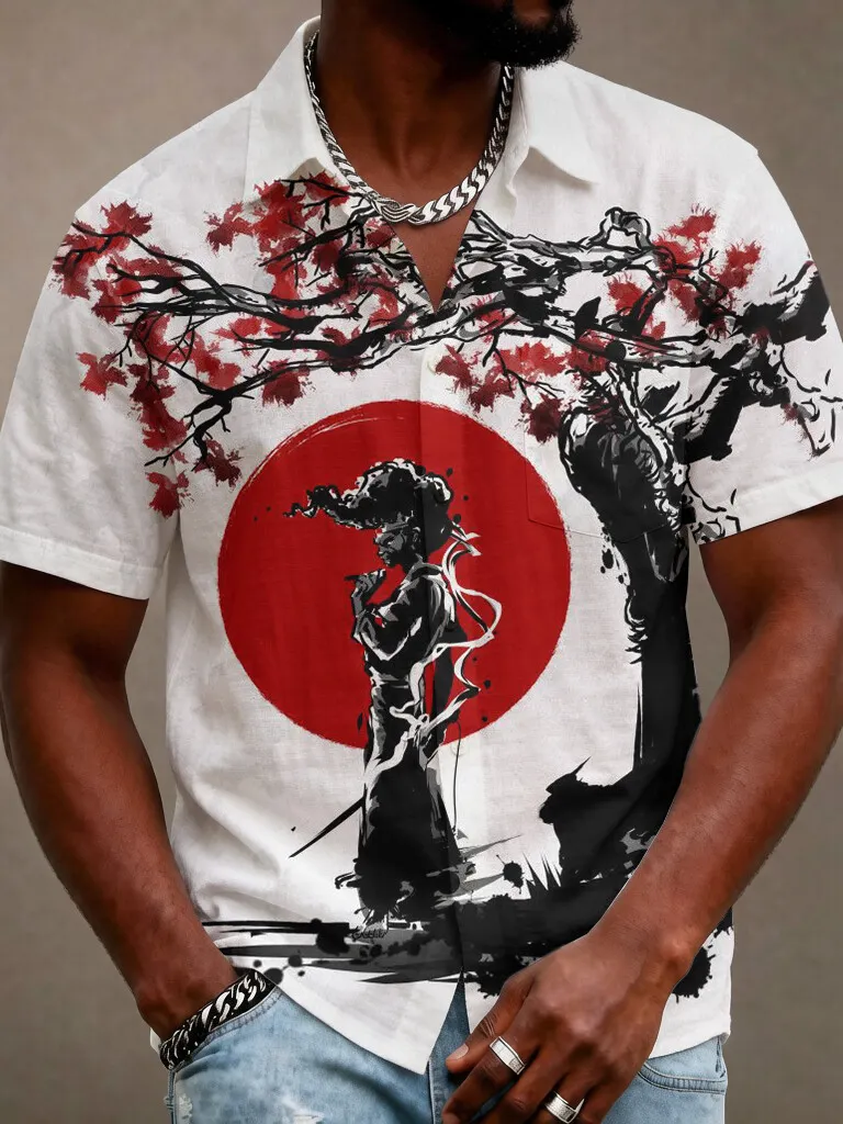Men's Japanese Ink Wash Afro Samurai Red Maple Tree Sun Print Short Sleeve Shirt