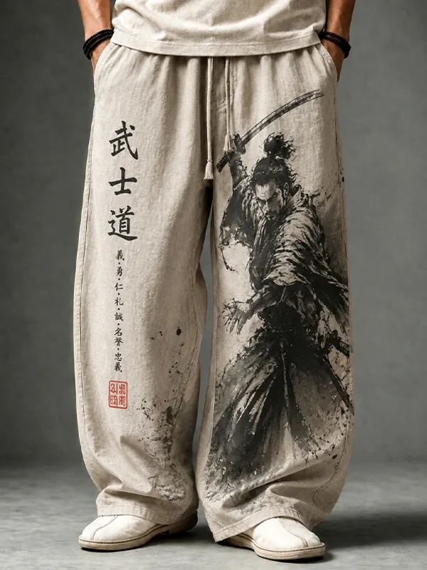 Men's Japanese Bushido Samurai Ink Art Print Loose Drawstring Waist Pants