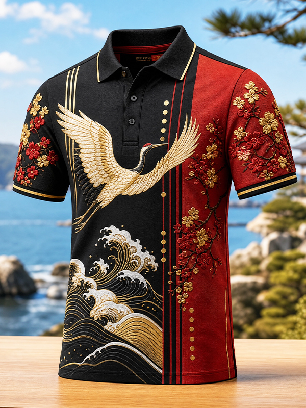 Men's Crane Plum Blossom and Ocean Wave Pattern Short Sleeve Polo Shirt