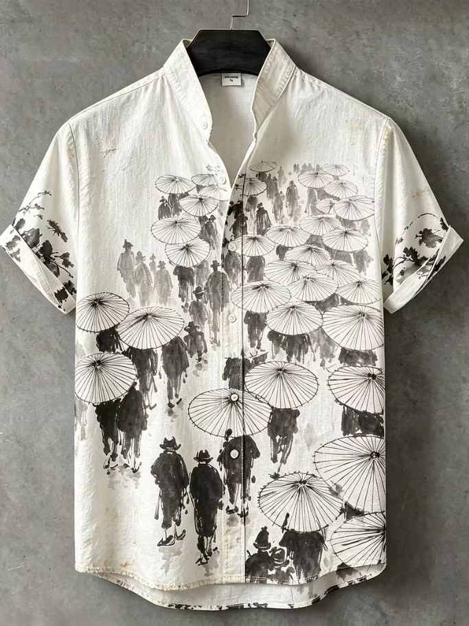 Men's Oil Paper Umbrella Crowd Japanese Art Print Linen Blend Shirt
