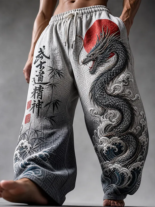 Men's Japanese Wave and Bamboo Oriental Dragon Print Casual Pants