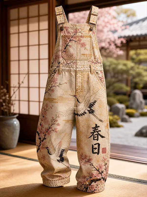 Men's Japanese Cherry Blossom Red-crowned Crane Vintage Print Overalls Jumpsuit