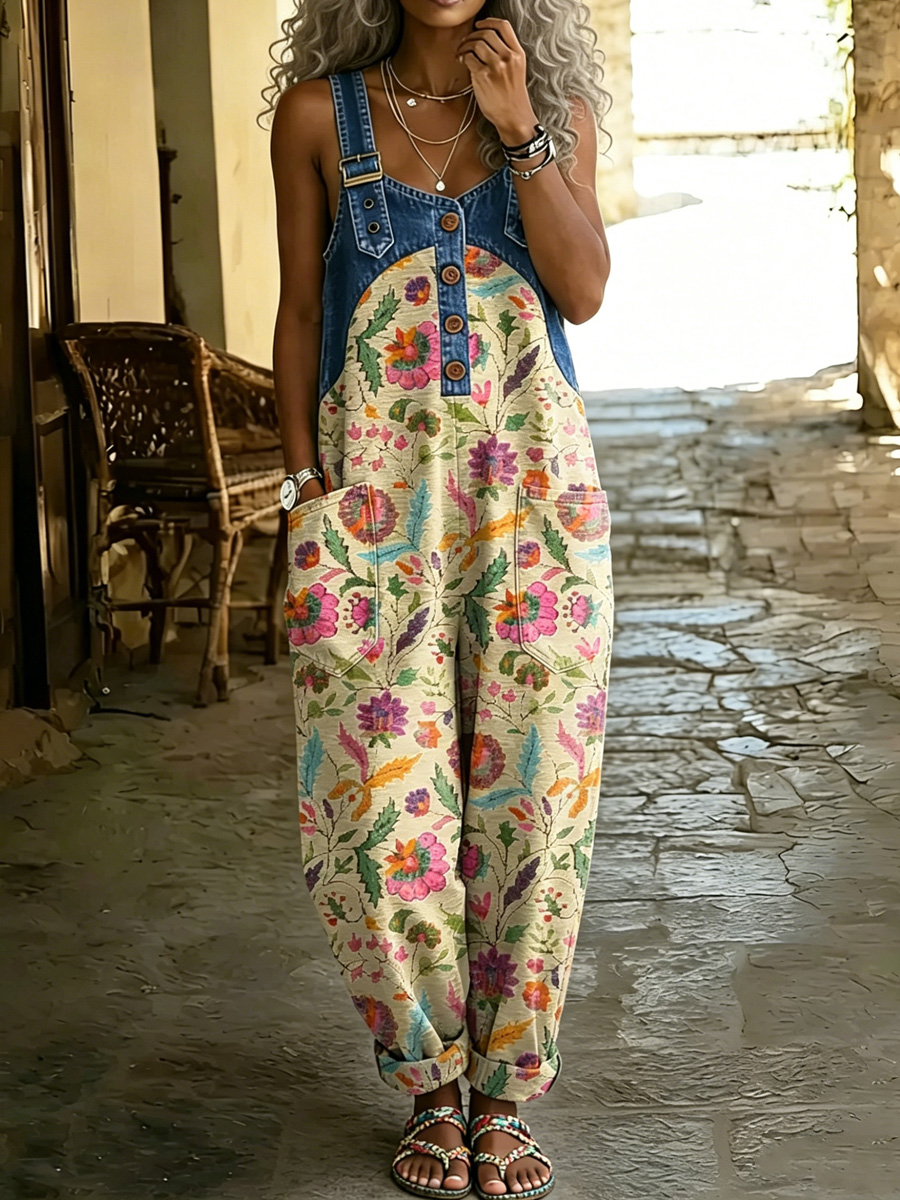Women's Retro Style Print Washed Cotton Denim Patchwork Jumpsuit