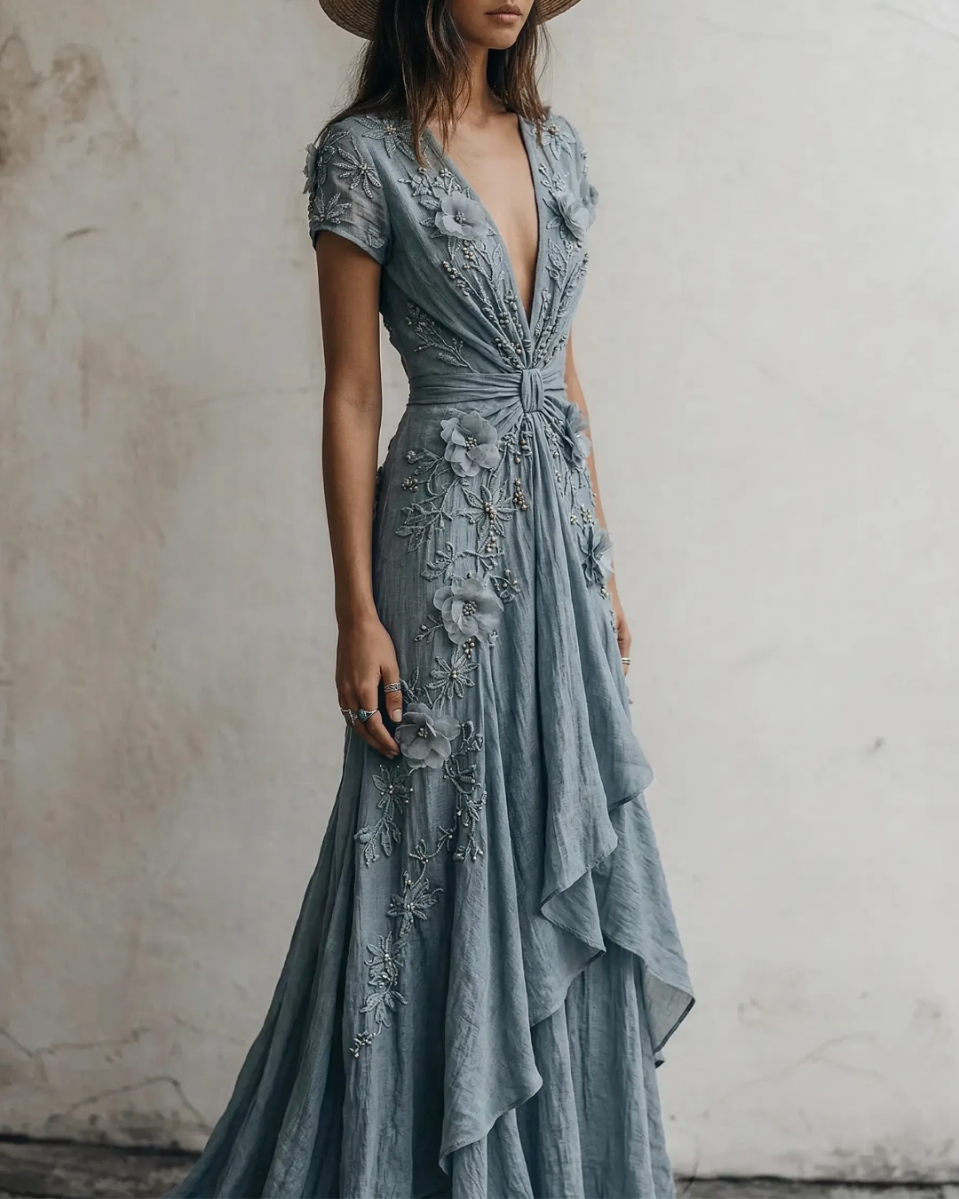 Women's elegant irregular ruffled floral embroidered dress  1554