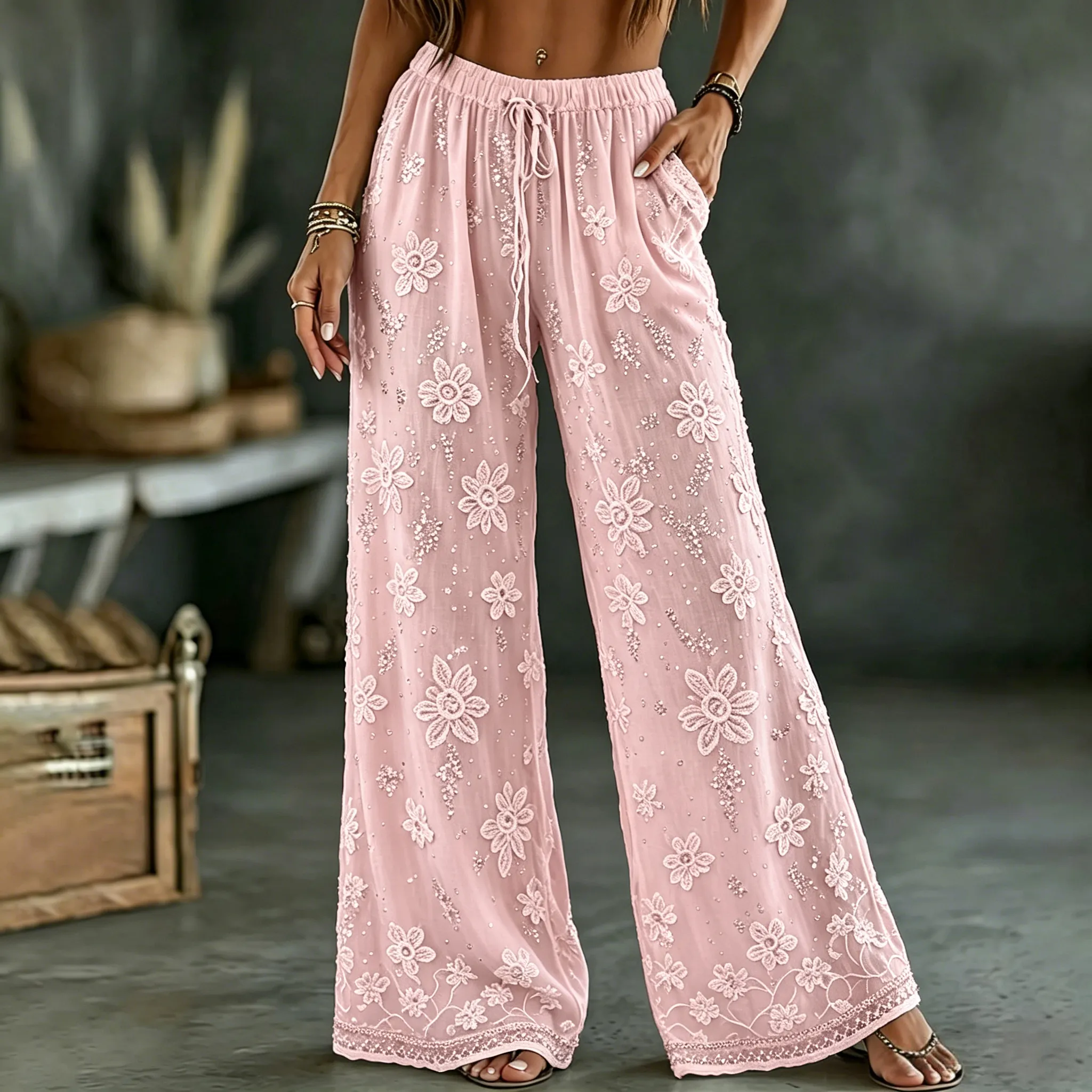 Women's White Rose Art Embroidered Linen Blend Pants