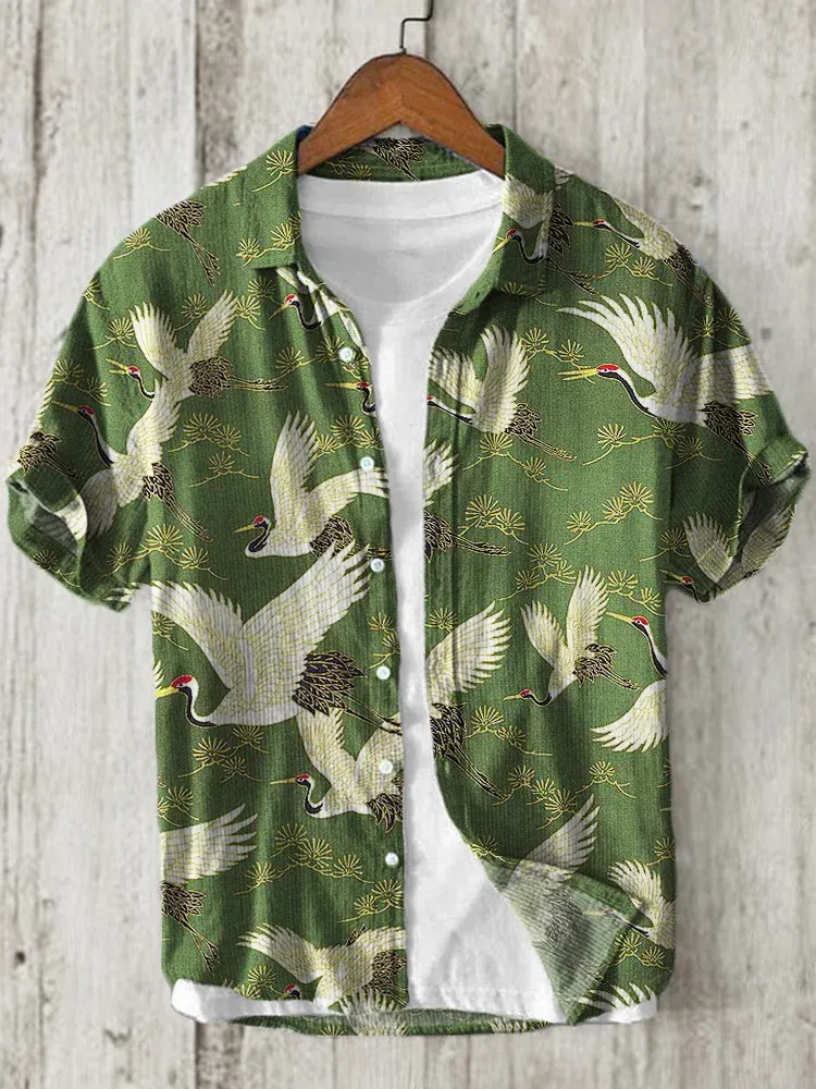 Men's Cranes & Pine Trees Japanese Traditional Pattern Linen Blend Shirt