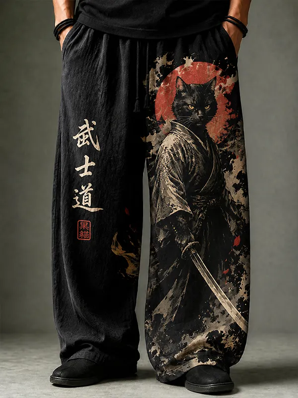 Men's Japanese Bushido Black Cat Samurai Art Print Loose Drawstring Waist Pants