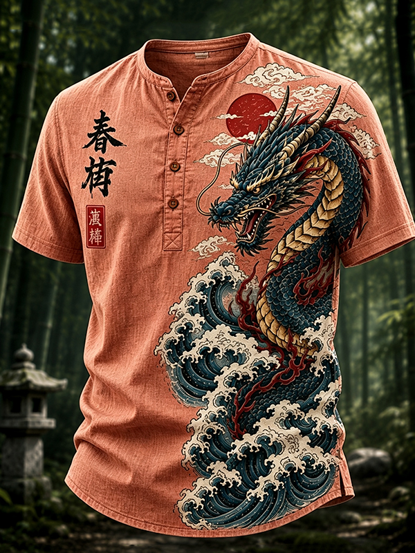 Men's Dragons and Waves Japanese Art Print Half Button Shirt