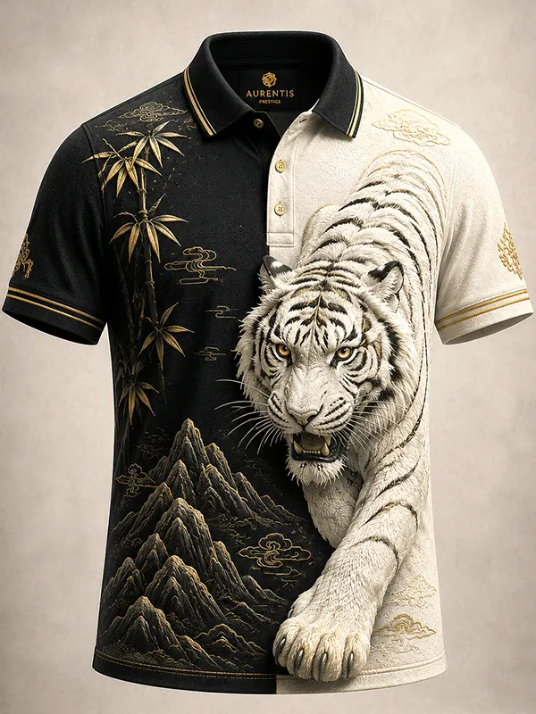 Men's Mysterious White Tiger Print Polo Shirt