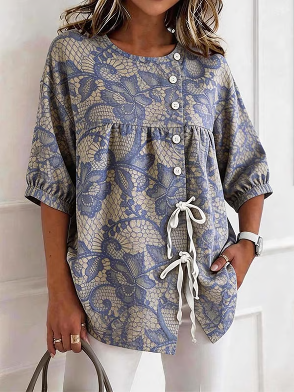 Women'S Casual Floral Print Cotton Linen Top