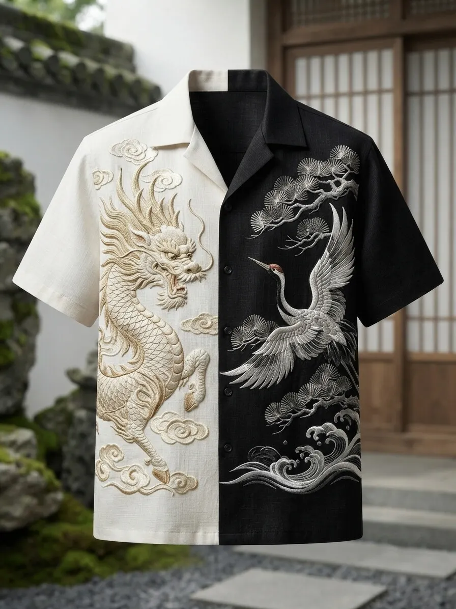 Men's Dragon Crane Colorblock Art Print Casual Shirt