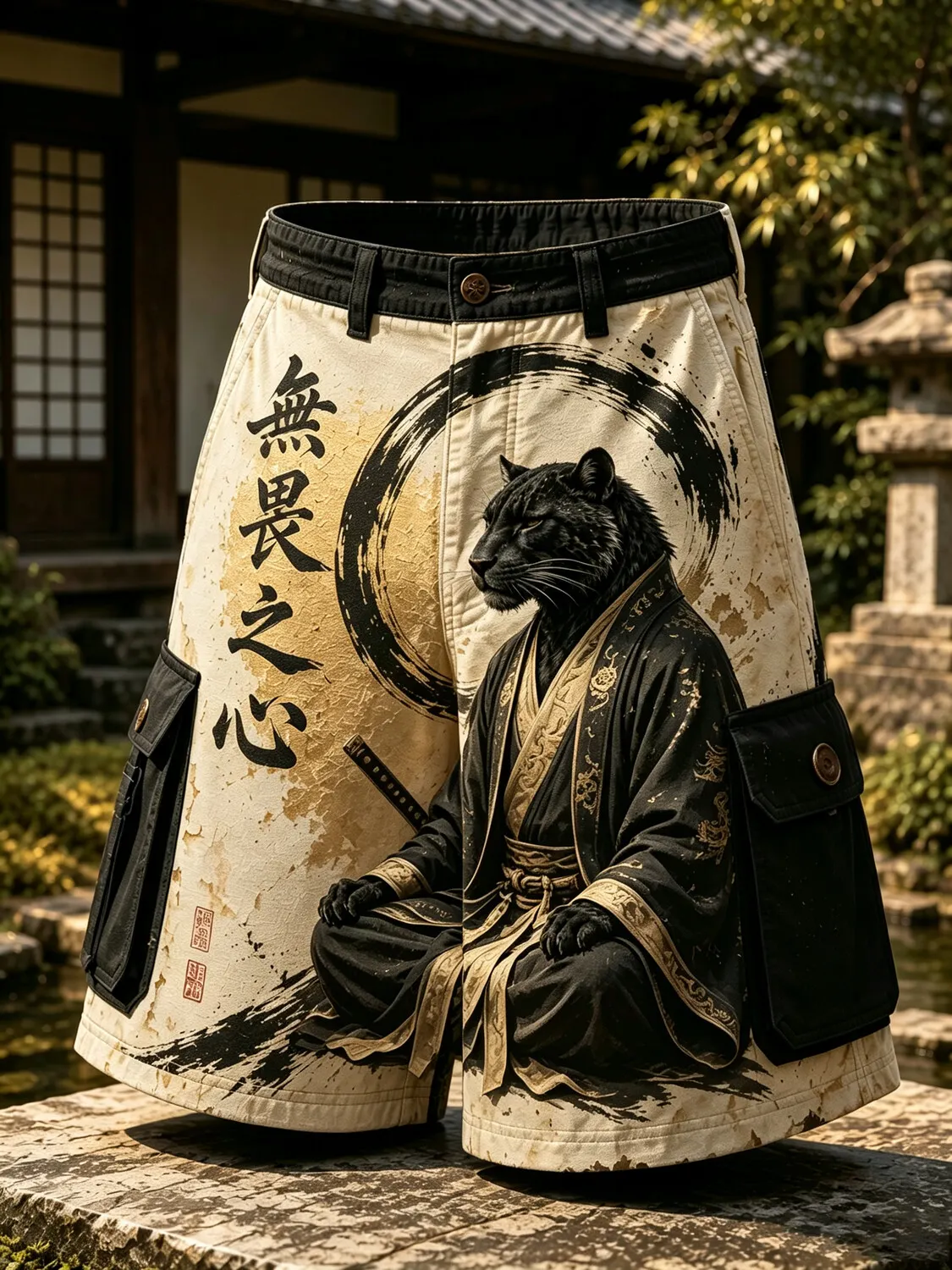 Men's Vintage Japanese Samurai Panther Ink Print Casual Shorts