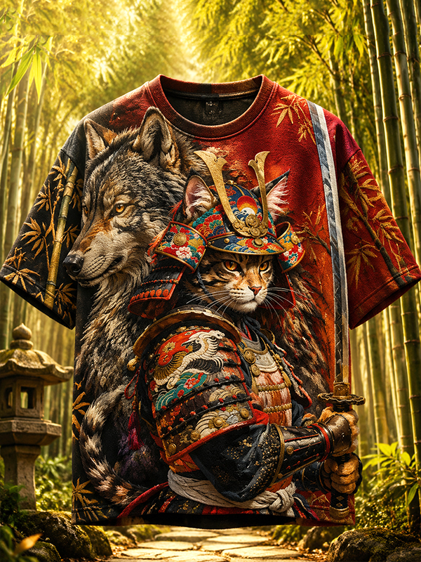 Men's Samurai Cat & Wolf Bamboo Forest Print T-Shirt