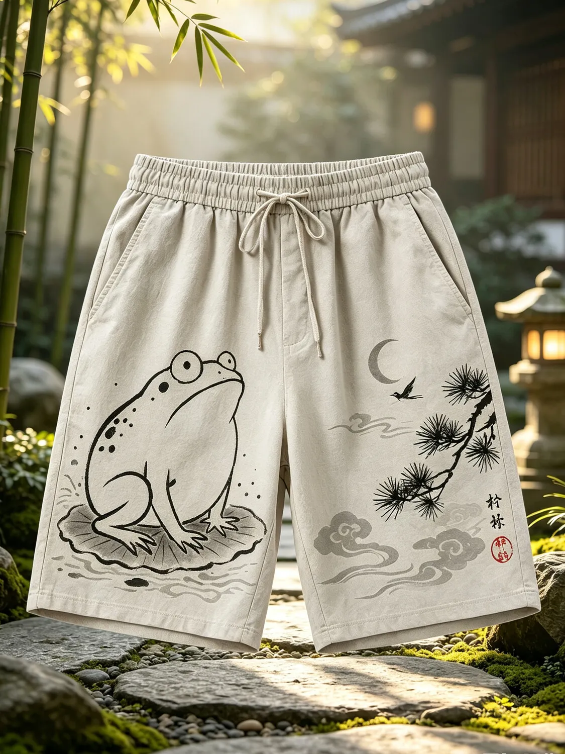 Men's Wabi Sabi Oriental Ink Painting Frog Art Print Casual Shorts