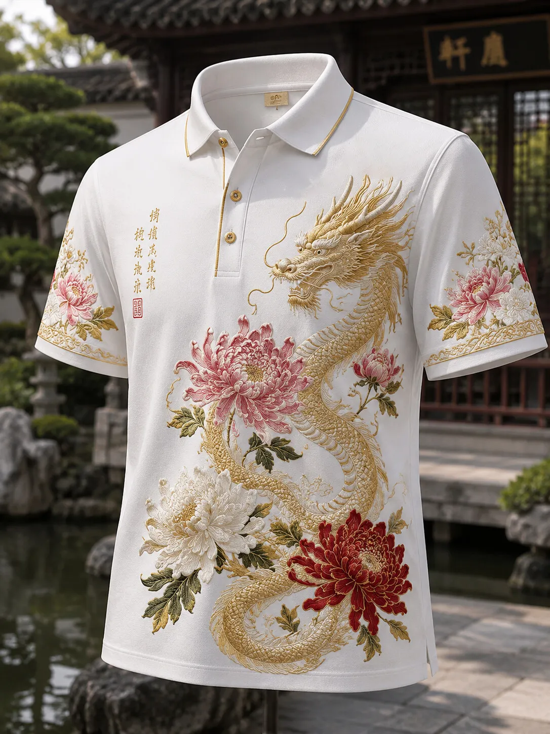 Men's Golden Dragon Peony Chrysanthemum Calligraphy Japanese Art Print Polo Shirt