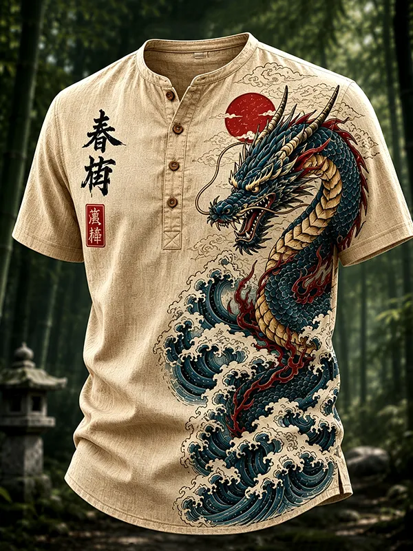 Men's Dragons and Waves Japanese Art Print Half Button Shirt