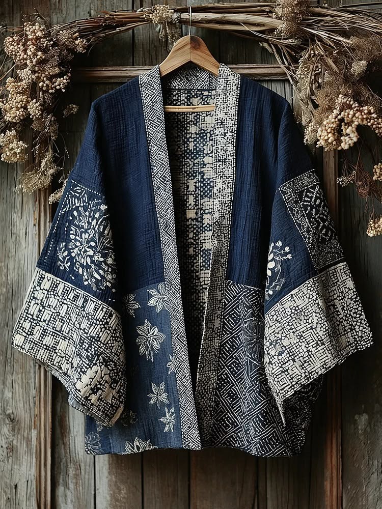 Men's Retro Floral Geometric Patchwork Japanese Art Print Casual Kimono Cardigan
