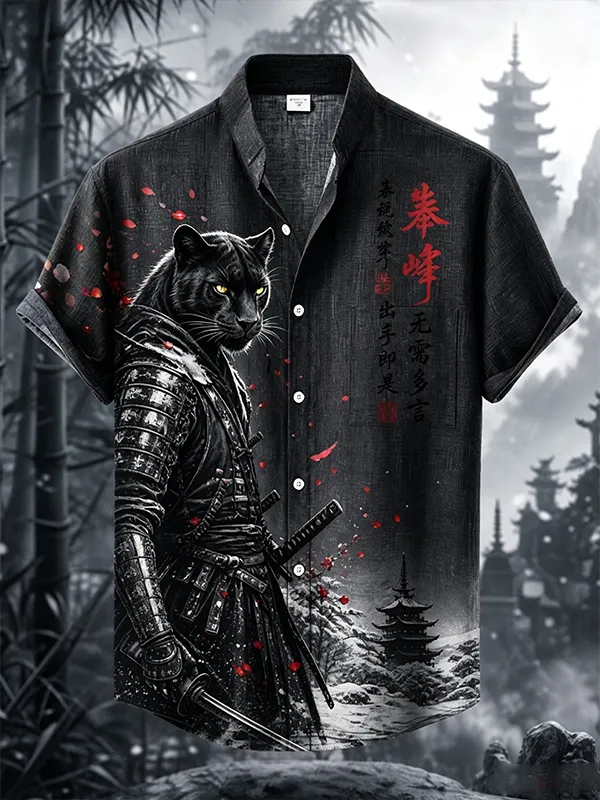 Men's Samurai Black Panther Cherry Blossom Japanese Art Print Short Sleeve Shirt