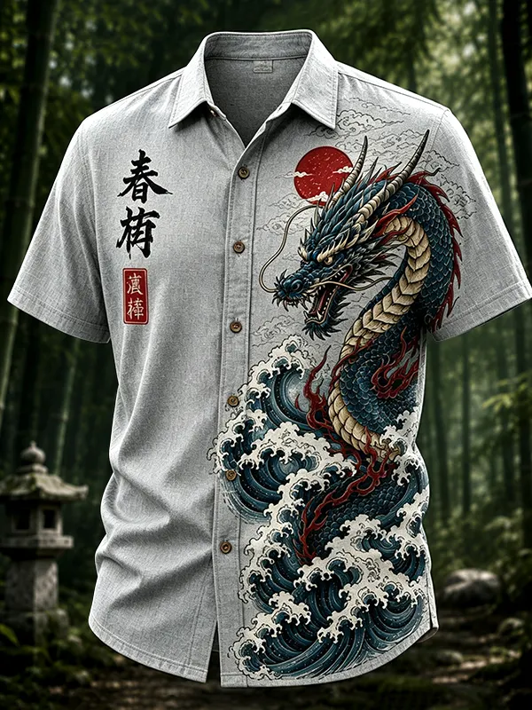 Men's Dragons and Waves Japanese Art Print Casual Shirt