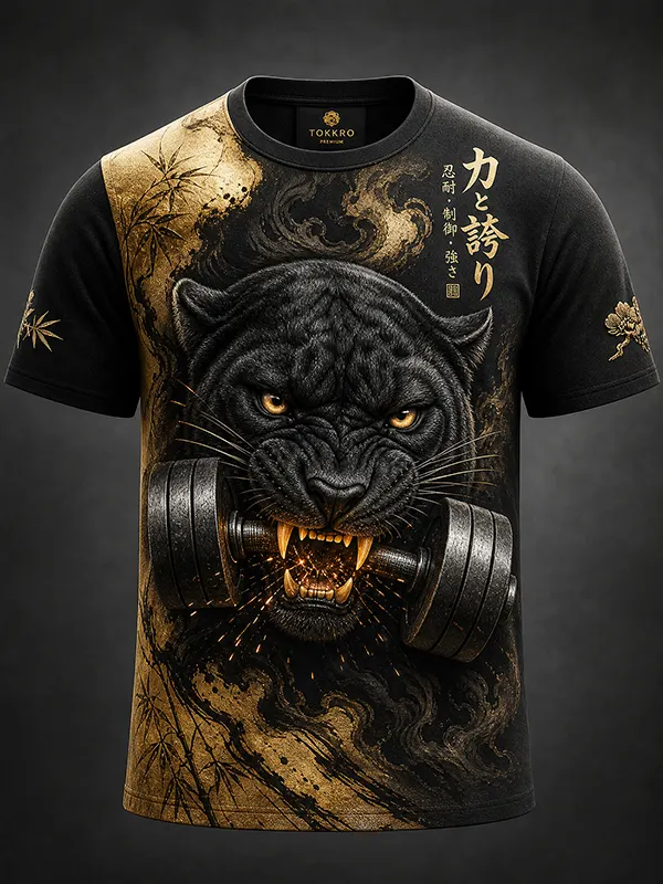 Men's Japanese Black Panther Dumbbells Print Casual T-Shirt