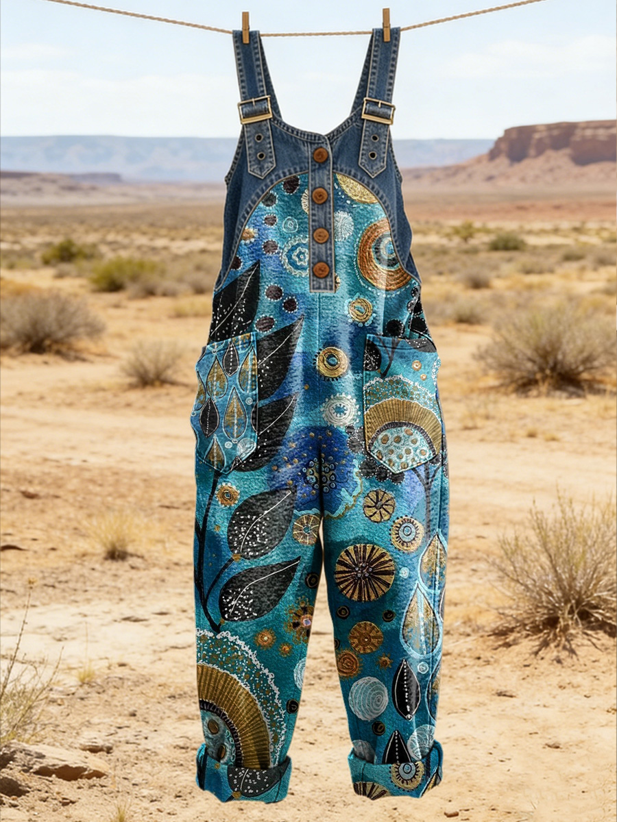 Women's Retro Floral Color-Blocked Art Print Washed Cotton Denim Patchwork Jumpsuit