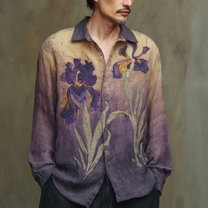 Men's Vintage Irises Embroidered Gradient Linen Shirt