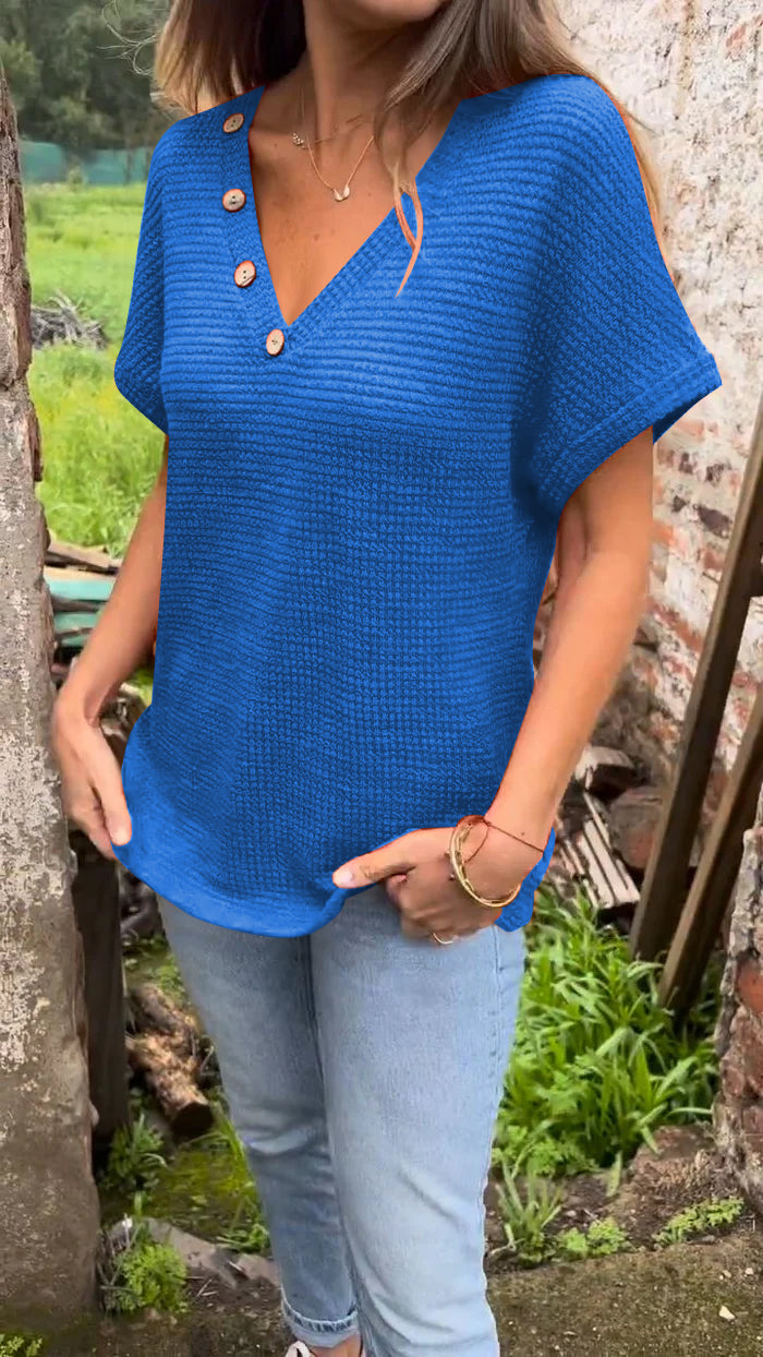 Knitted V-Neck Button Top