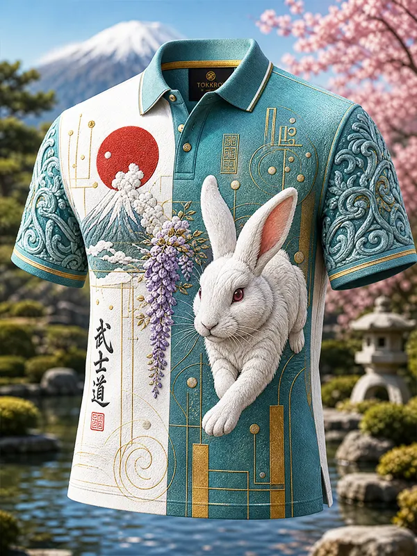 Men's Japanese Bushido Mount Fuji Rabbit Printed Short Sleeve Polo Shirt