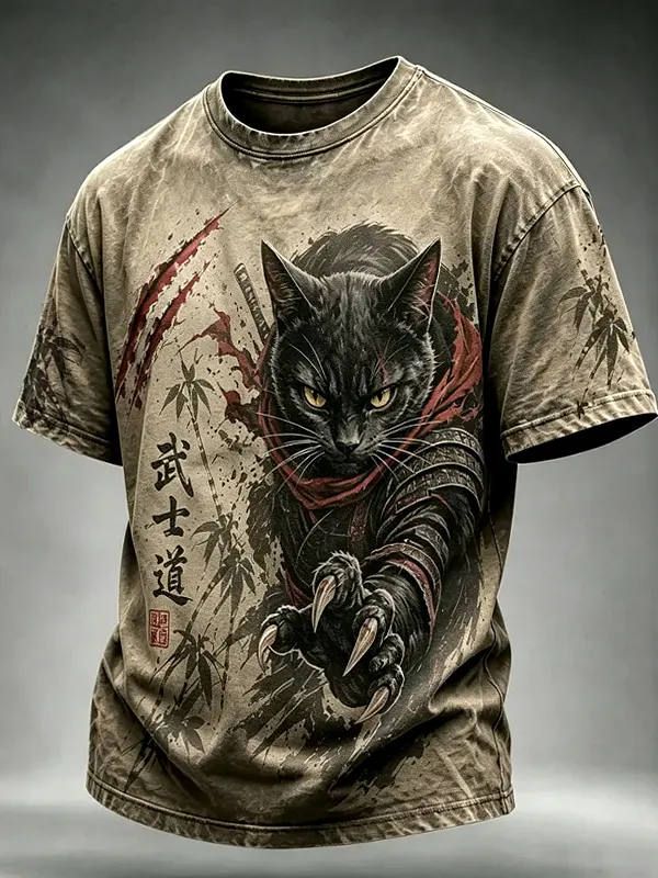 Men's Black Cat Samurai Japanese Bushido Art Print T-Shirt