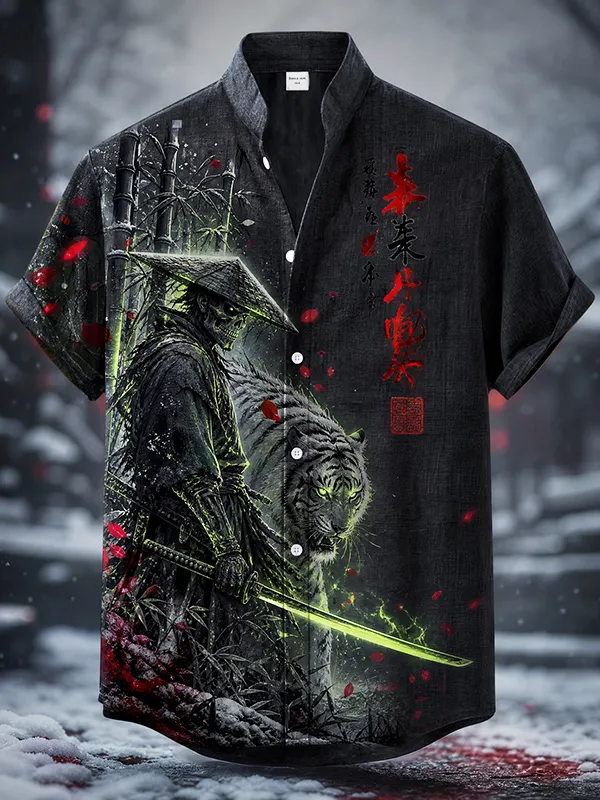 Men's Samurai Ghost Tiger Cherry Snow Bamboo Oriental Kanji Japanese Art Print Short Sleeve Shirt