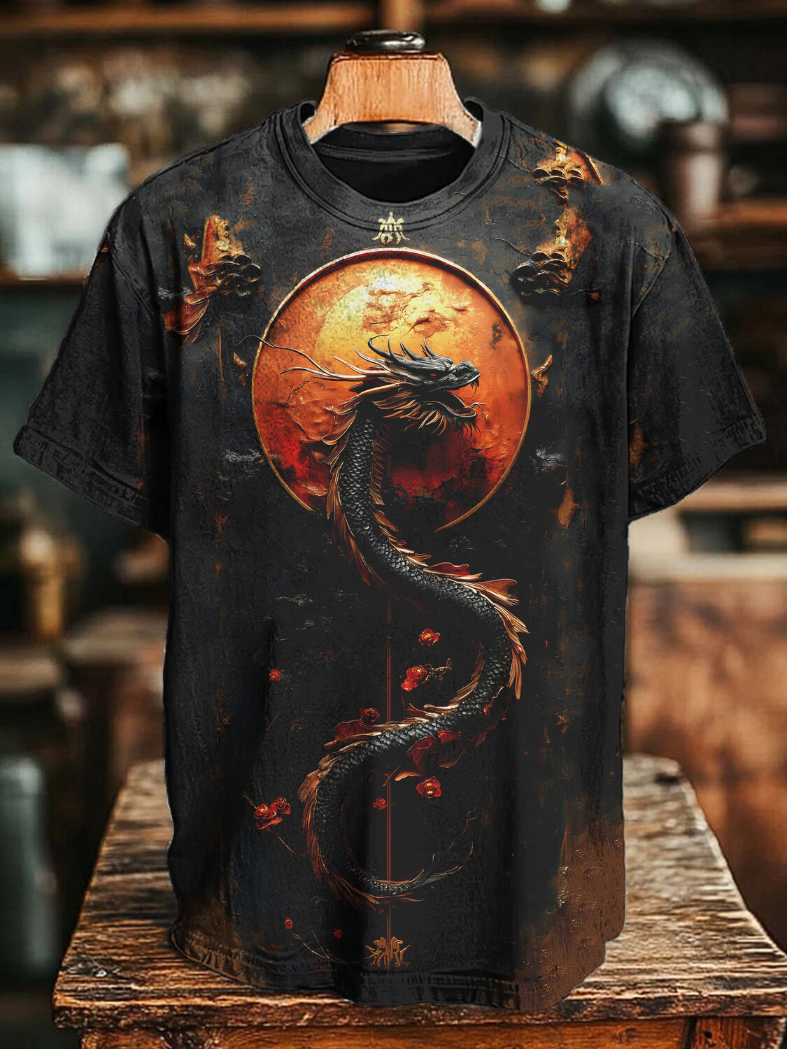 Men's 3D Sculpture Of Dragon Mythology Floral Japanese Art Print T-Shirt