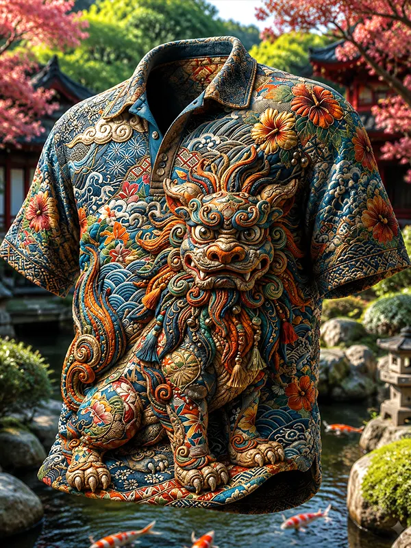 Men's Japanese Style Foo Dog Floral Wave Print Short Sleeve Polo Shirt