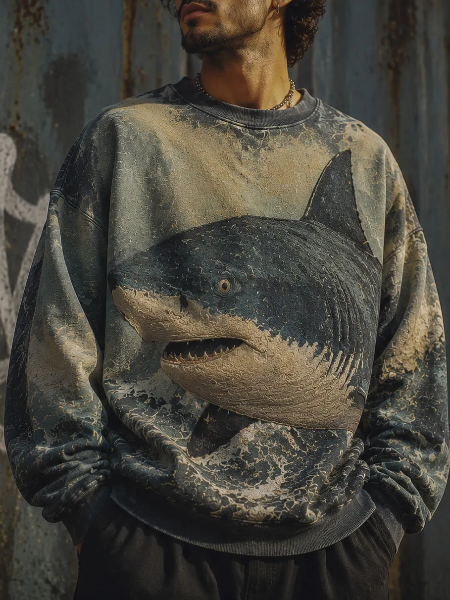 Men's Realistic Shark Head Graphic Print Casual Sweatshirt