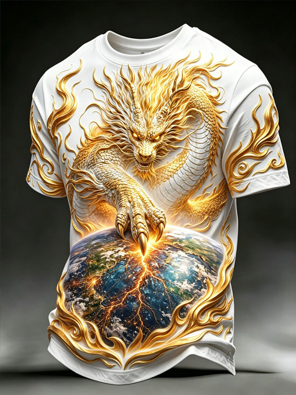 Men's The Earth and Golden Dragon Art Print Casual T-Shirt