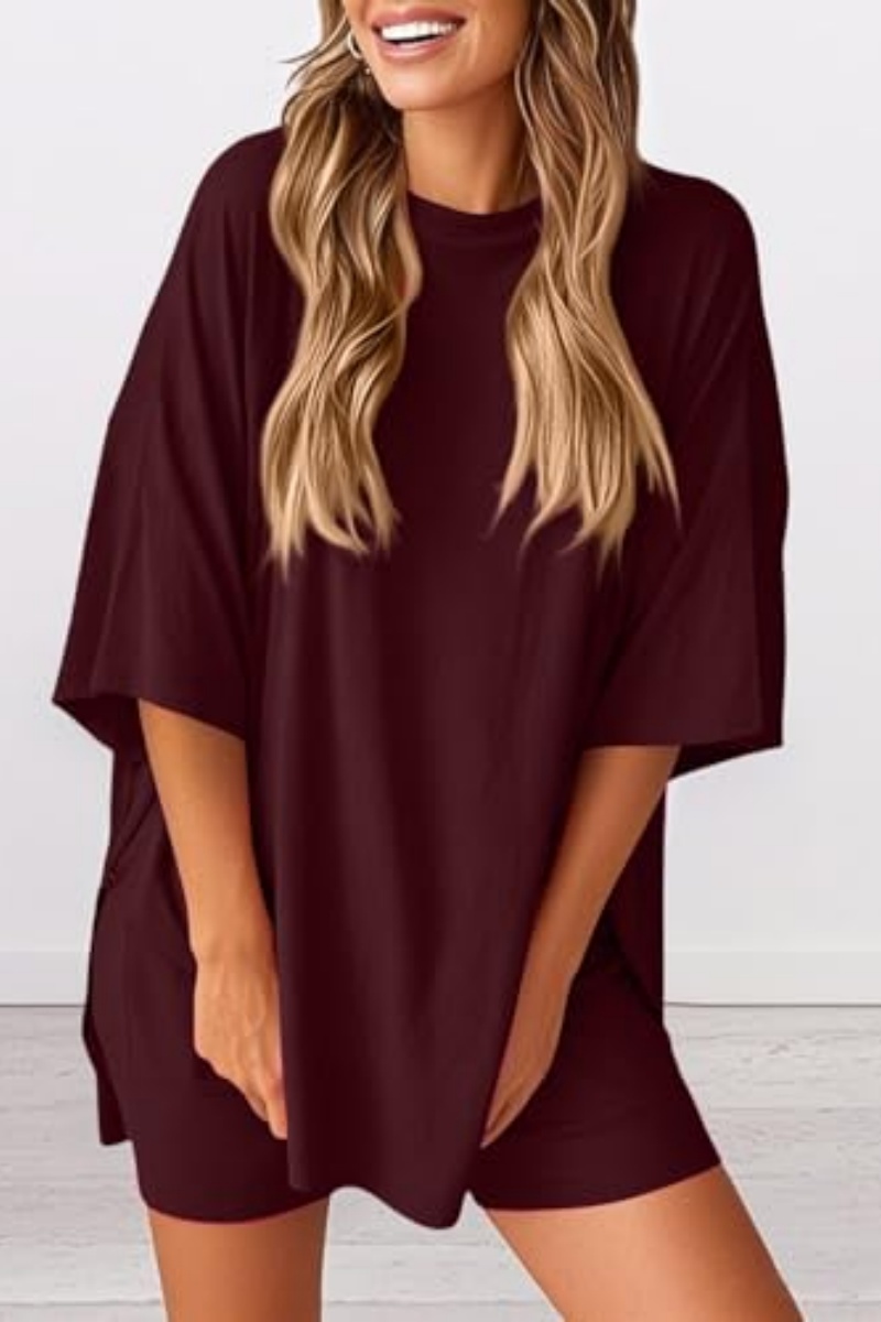 Women 2 Piece Outfits Crew Neck Oversized Tshirts and Biker Shorts with Pocket Matching Lounge Sets