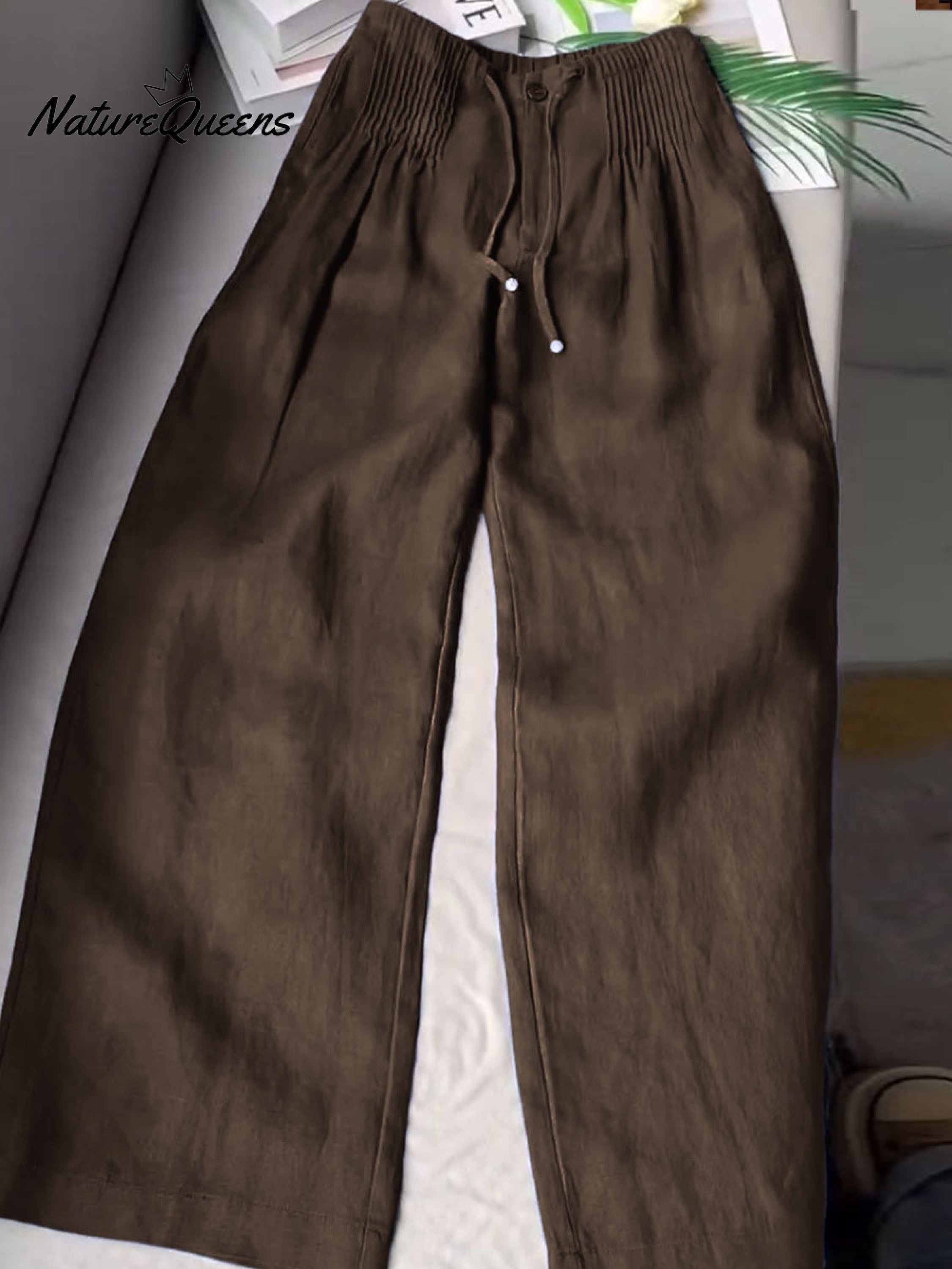 ?Limited time promotion Women's Solid Color Pleated Drawstring Casual Cotton and Linen Wide Leg Pants