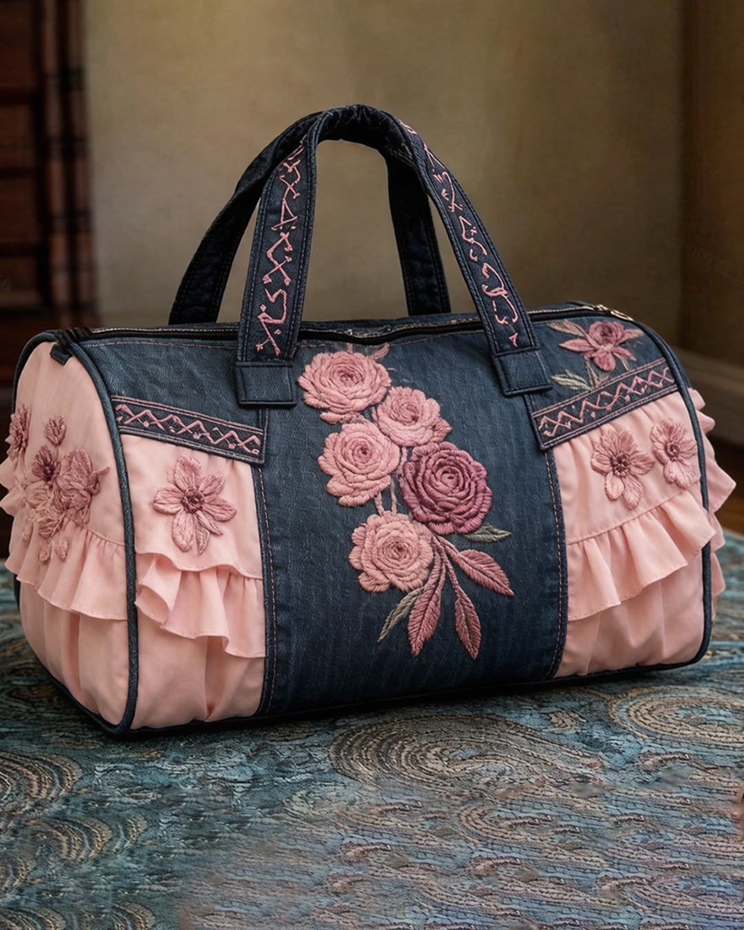 Floral-themed embroidered fashion item: quilted travel bag  5683