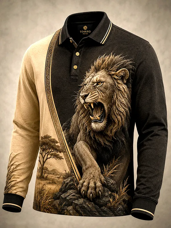 Men's Wild Lion Art Print Long Sleeve Polo Shirt